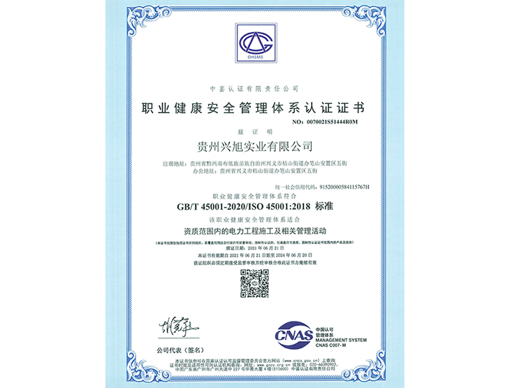 ISO45001证书样本